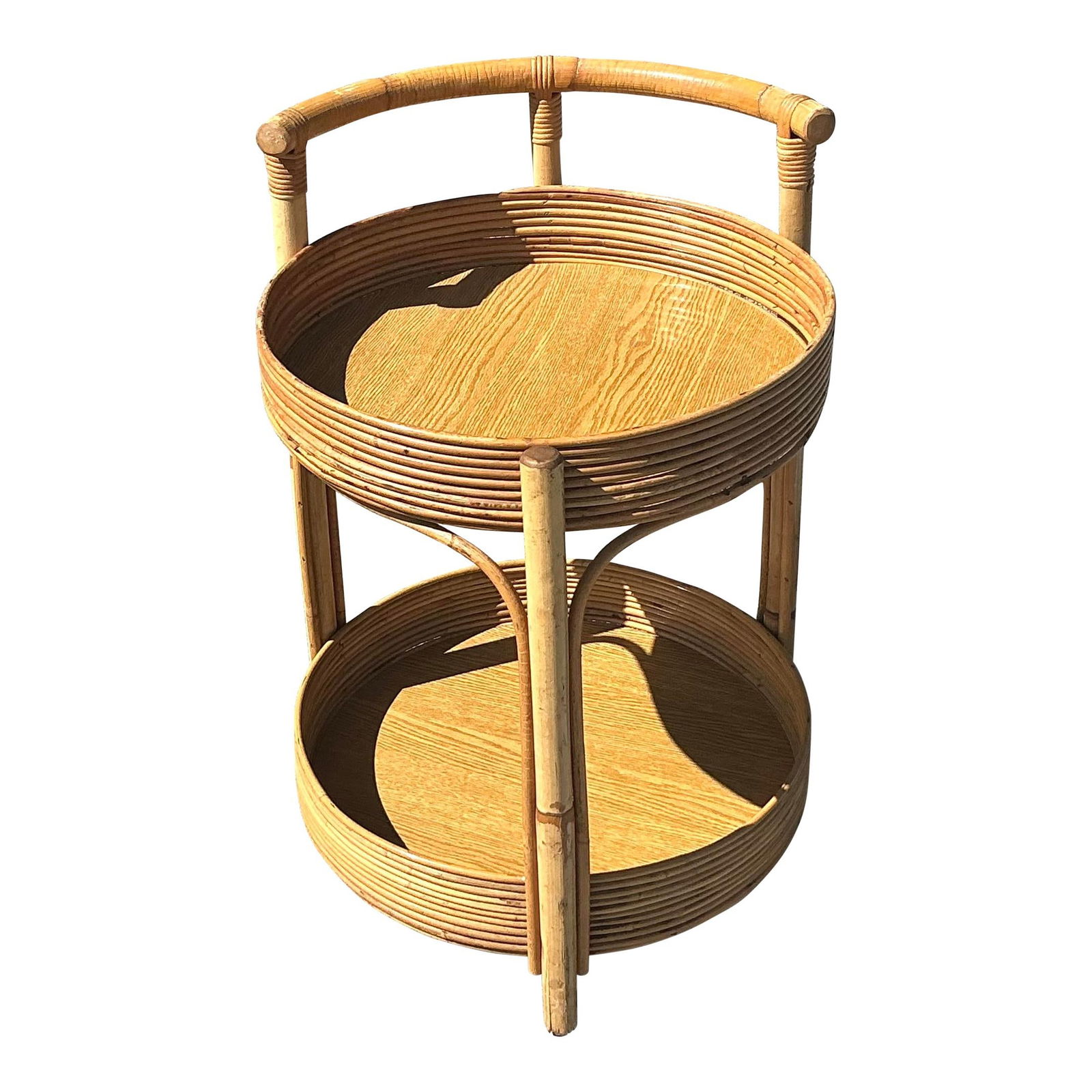 Vintage Coastal Pencil Reed Round Bar Cart in Camel: Vintage Coastal Pencil Reed Round Bar Cart in Camel Embrace coastal charm with this vintage pencil reed round bar cart. Ideal for entertaining and enhancing your home decor, this unique piece combines