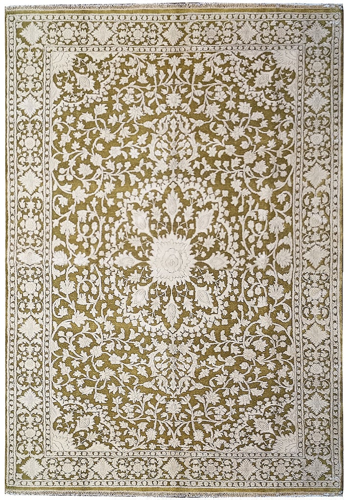 Handmade 6' x 9' Olive Green Ivory Wool Silk Tabriz Rug: Handmade 6' x 9' Olive Green Ivory Wool Silk Tabriz Rug Free continental US Shipping Elevate your home decor with this exquisite 6' x 9' Olive Green and Ivory Wool & Silk Tabriz Rug. Handcrafted in Ch