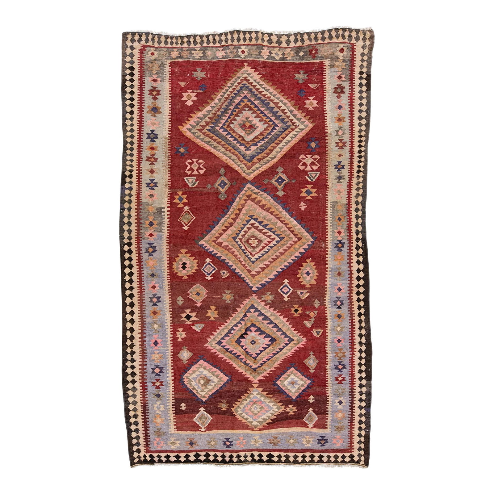 1960s Handmade Turkish Kilim Red Wool Tribal Rug 5'10 x 10'2: 1960s Handmade Turkish Kilim Red Wool Tribal Rug 5'10 x 10'2 Discover this stunning vintage Turkish Kilim rug, meticulously hand-knotted from wool and featuring a vibrant red field. Adorned with multi