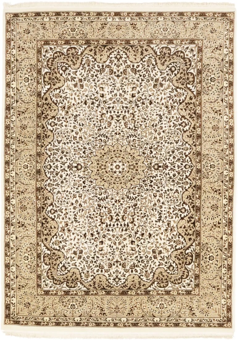 Floral Pattern Hand-Knotted Wool Area Rug 5'8 x 7'10 Kirman Style: Floral Pattern Hand-Knotted Wool Area Rug 5'8 x 7'10 Kirman Style This handmade Kirman wool area rug features a classic floral design in cream, brown, and khaki tones. Expertly hand-knotted, the rug i
