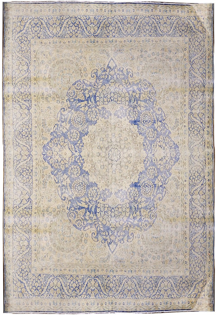 Vintage 10' x 13' Persian Kerman Carpet Beige Blue Elegant Design: Vintage 10' x 13' Persian Kerman Carpet Beige Blue Elegant Design Free continental US Shipping This vintage Persian Kerman carpet measures 10' x 13' and features a beautiful blend of beige and blue hu