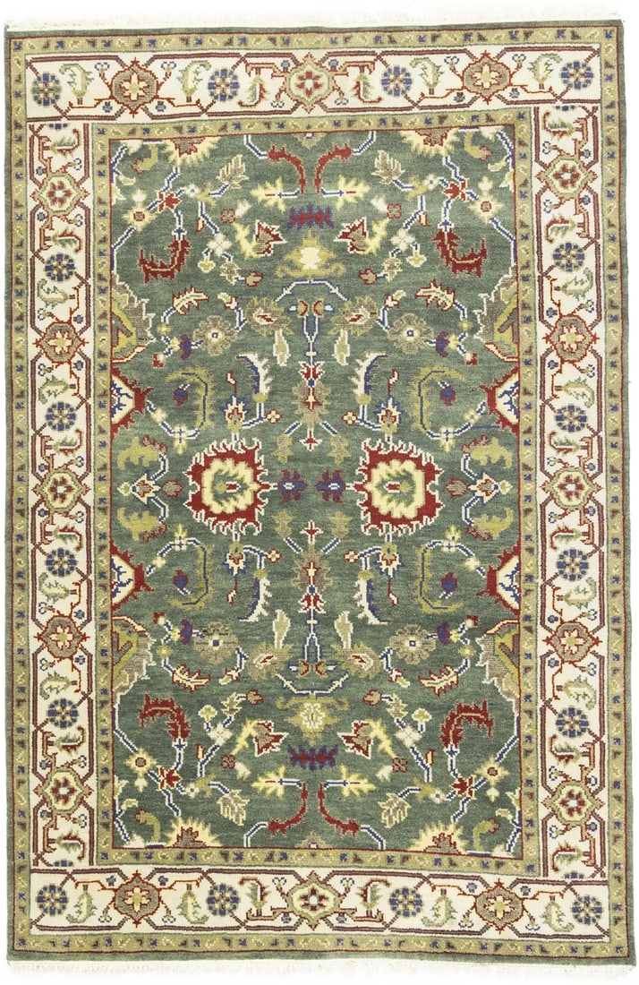 Green Floral Wool Hand-Knotted Indian Area Rug 6'0 x 8'11 for Home Office: Green Floral Wool Hand-Knotted Indian Area Rug 6'0 x 8'11 for Home Office This handmade Oriental area rug features a traditional floral pattern in green, cream, beige, red, gold, and blue tones. Exper