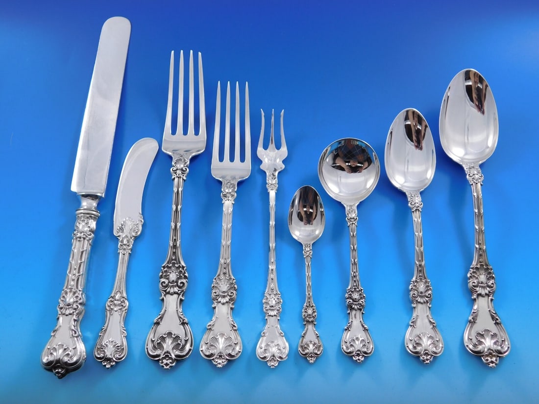 Whiting King Edward Sterling Silver Flatware Set for 12 - 110 Pieces: Whiting King Edward Sterling Silver Flatware Set for 12 - 110 Pieces Enhance your dining experience with this exquisite King Edward flatware set by Whiting Manufacturing Company, crafted from high-qua