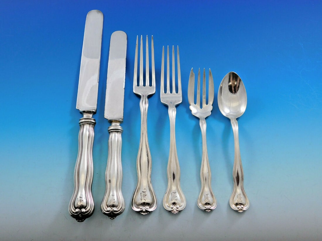 Watson Mount Vernon Sterling Silver Flatware Set 55 pcs with Monogram B: Watson Mount Vernon Sterling Silver Flatware Set 55 pcs with Monogram B Enhance your dining experience with this exquisite Mount Vernon Sterling Silver Flatware Set by Watson. This complete service fo