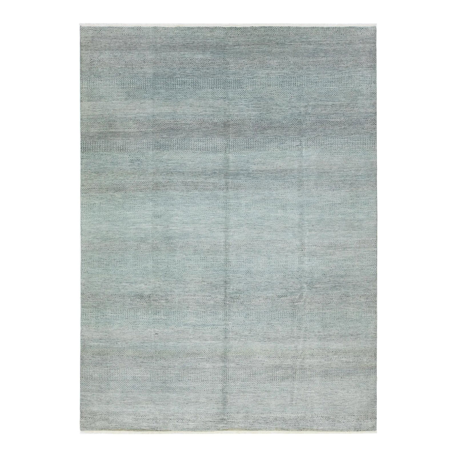 Handmade Modern Wool Rug in Light Green with Geometric Design 9'1 x 12'4: Handmade Modern Wool Rug in Light Green with Geometric Design 9'1 x 12'4 Enhance your space with this elegant hand-knotted wool rug featuring a contemporary design. The rug showcases a meticulously cr