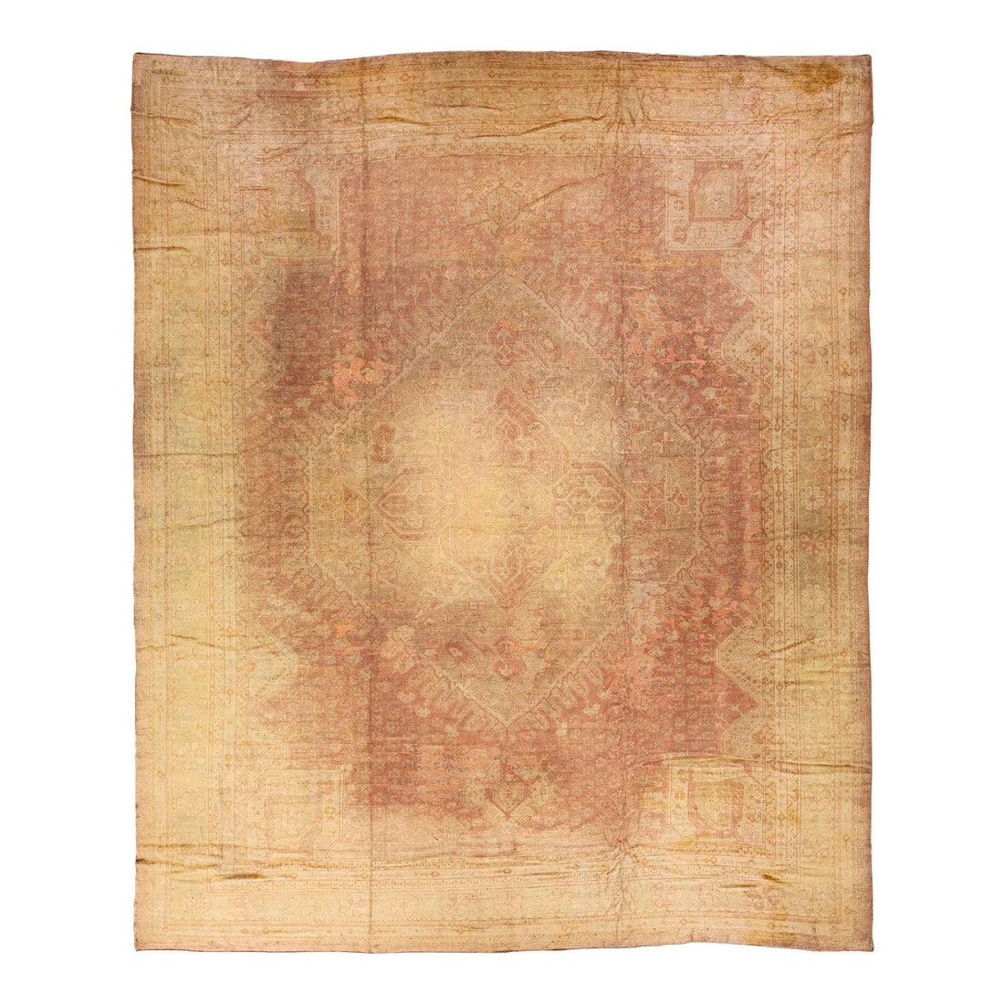 Oversize Tan Turkish Oushak Handmade Wool Rug 15' x 18'7: Oversize Tan Turkish Oushak Handmade Wool Rug 15' x 18'7 Add a touch of elegance to your space with this stunning vintage Turkish hand-knotted wool rug. Featuring a warm peach field and framed by a ta