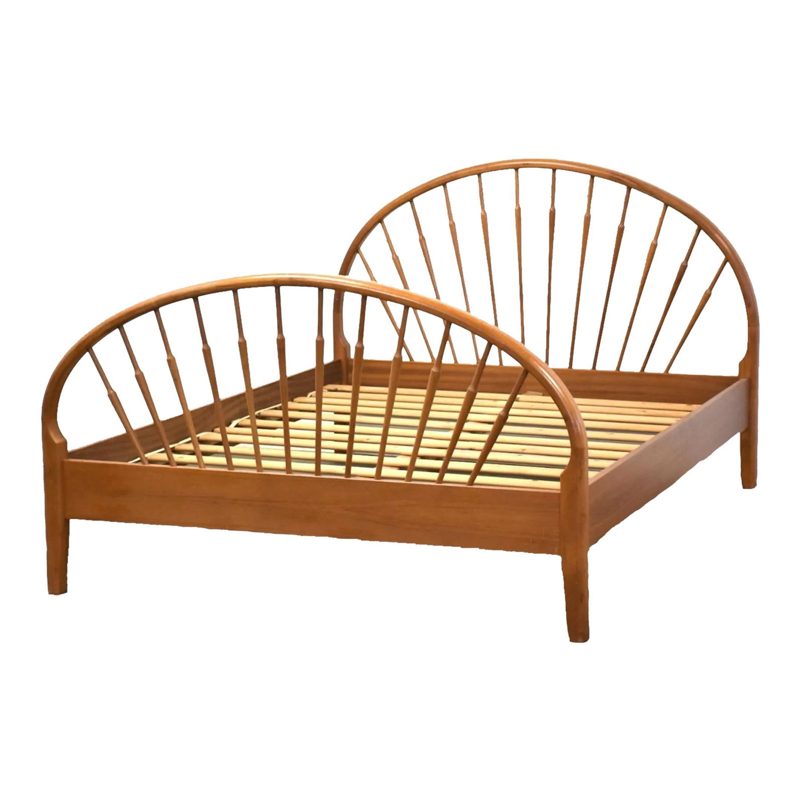 Mid-Century Danish Teak Queen Platform Bed with Spindled Headboard: Mid-Century Danish Teak Queen Platform Bed with Spindled Headboard This stunning mid-century modern teak queen platform bed embodies the elegance and simplicity of Danish design. Featuring a beautiful