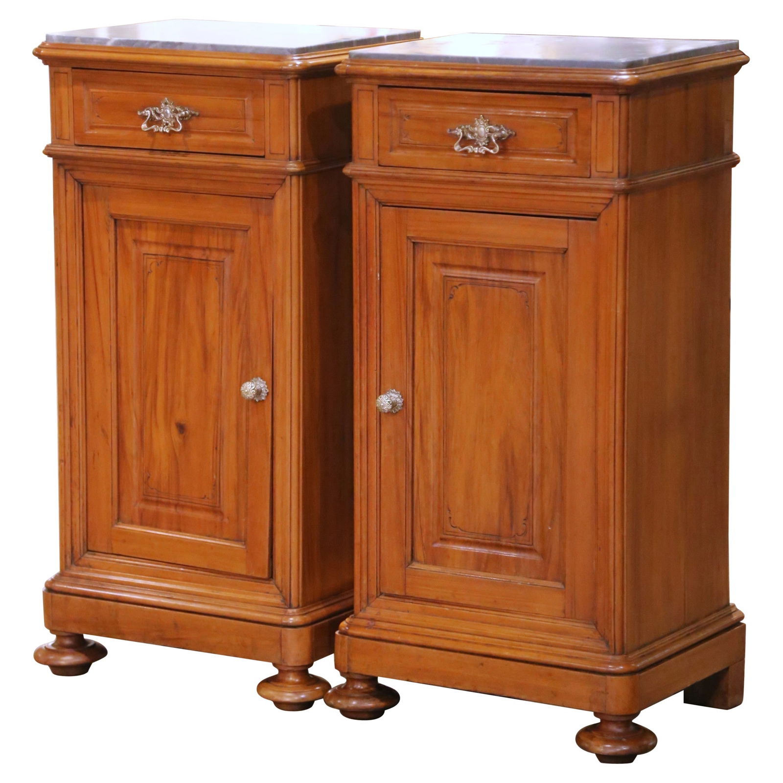 Antique Louis Philippe Mahogany Bedside Cabinets Set of 2 with Marble Tops: Antique Louis Philippe Mahogany Bedside Cabinets Set of 2 with Marble Tops Enhance your living space with this exquisite pair of 19th-century French Louis Philippe bedside cabinets, meticulously craft