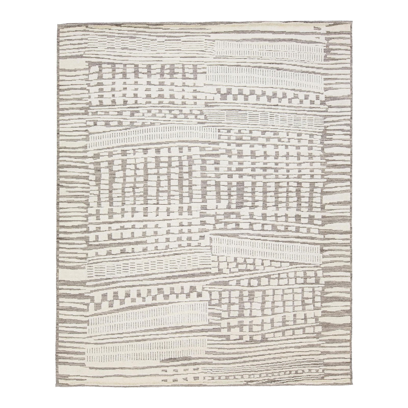Hand-Knotted Moroccan Style Wool Rug Gray Beige Abstract 8'1 x 9'11: Hand-Knotted Moroccan Style Wool Rug Gray Beige Abstract 8'1 x 9'11 Elevate your living space with this exquisite hand-knotted wool rug, featuring a modern Moroccan-inspired abstract motif. The design