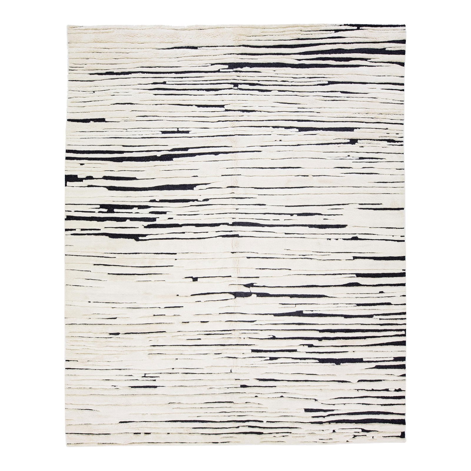 Oversize Ivory Black Striped Wool Rug 12'2 x 14'11: Oversize Ivory Black Striped Wool Rug 12'2 x 14'11 Enhance your living space with this stunning Modern Moroccan style handmade wool rug in an elegant ivory and black color scheme. Featuring a captivat
