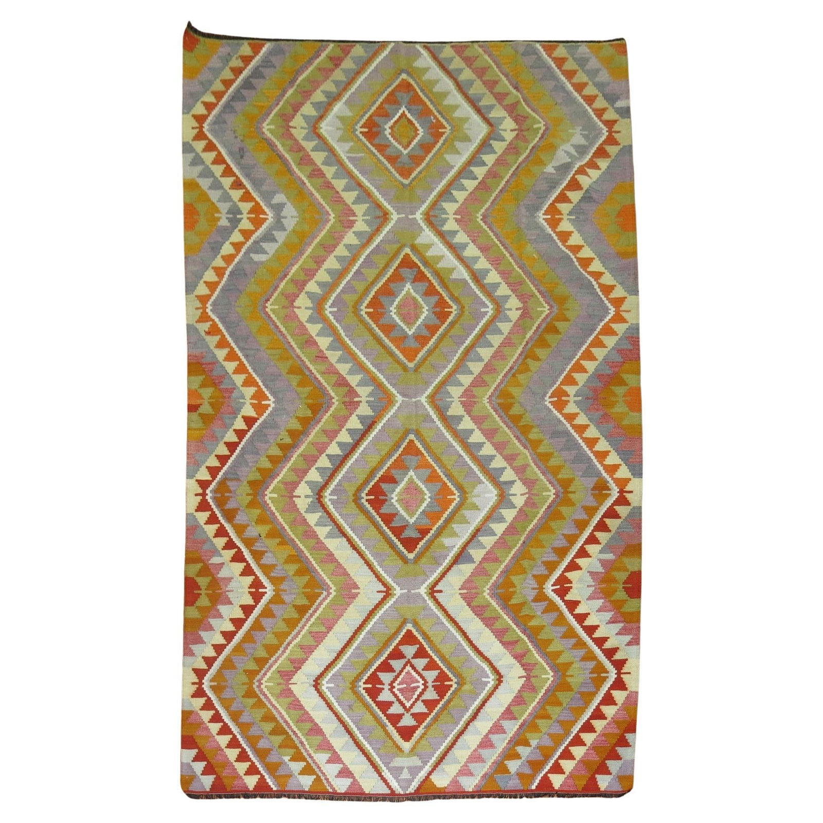 Vintage Turkish Kilim 6'4 x 10'5 Wool Pre-Columbian Style: Vintage Turkish Kilim 6'4 x 10'5 Wool Pre-Columbian Style This vintage Turkish kilim features a vibrant design and is ideal for adding a touch of cultural elegance to your space. Crafted from high-qua