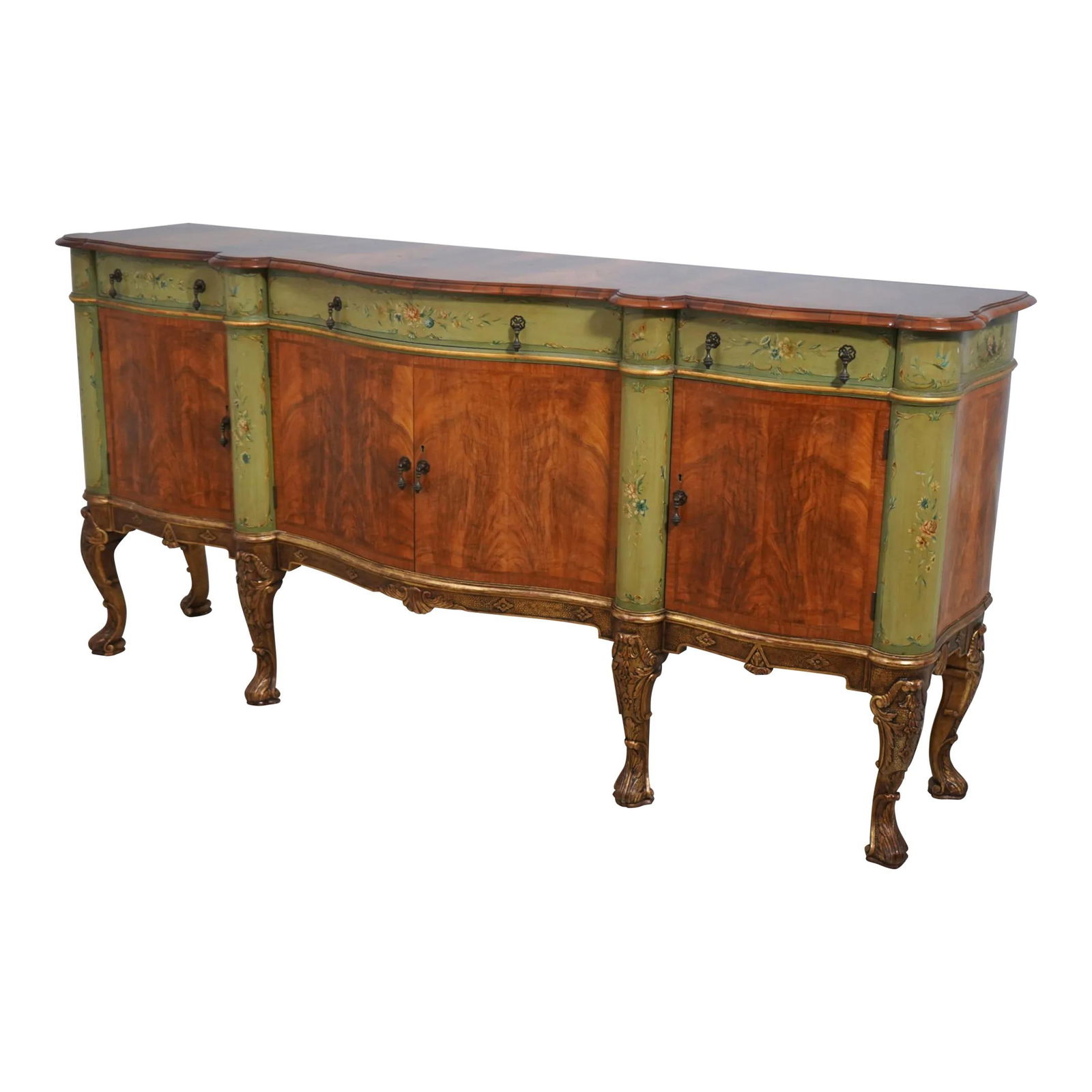 Antique 19th Century English Walnut Sideboard with Gold Gilt Legs: Antique 19th Century English Walnut Sideboard with Gold Gilt Legs This exquisite Vintage 19th Century English Paint Decorated Walnut Sideboard showcases a harmonious blend of craftsmanship and eleganc
