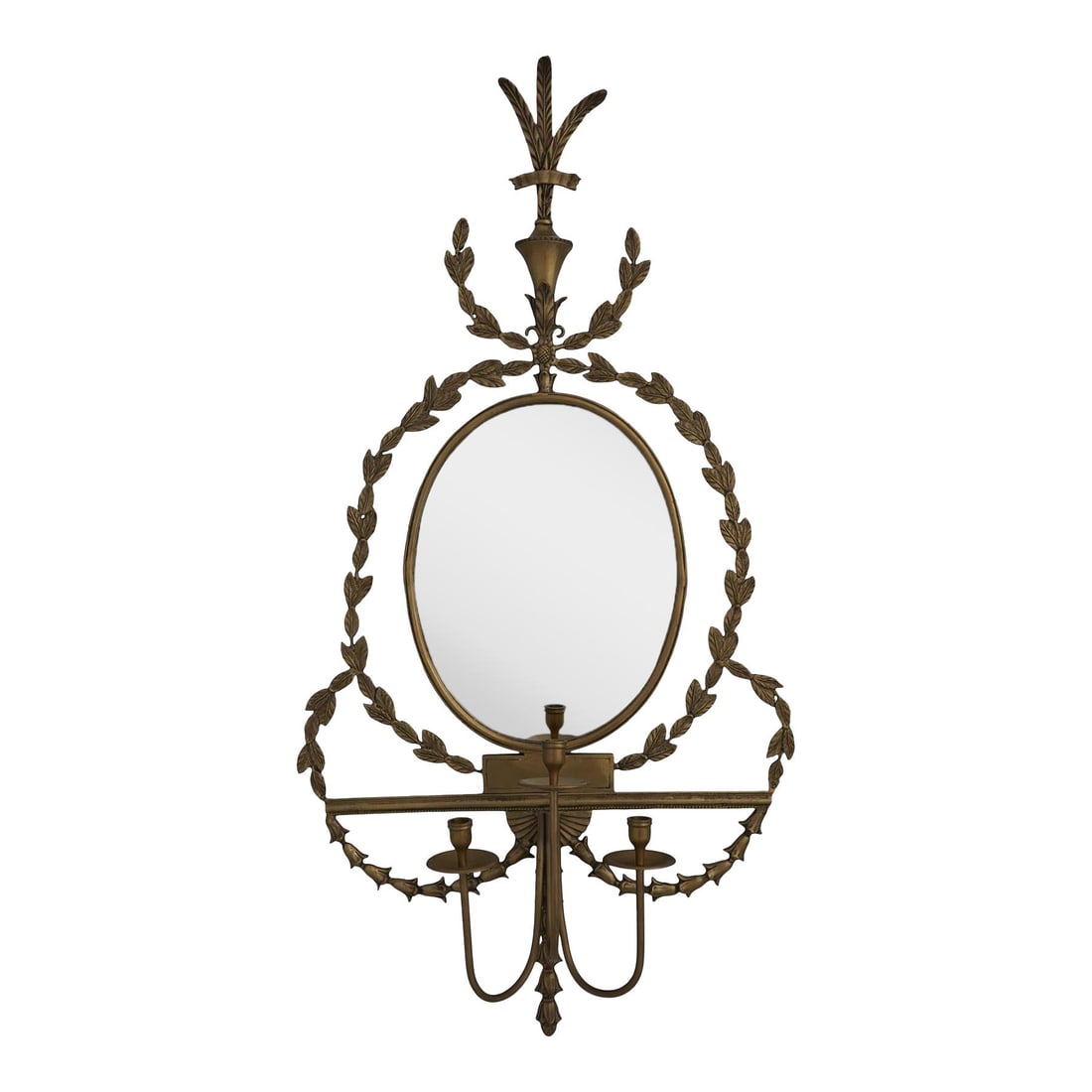 Vintage French Brass Candelabra Arm Wall Mirror 25 x 48.5: Vintage French Brass Candelabra Arm Wall Mirror 25 x 48.5 Enhance your decor with this exquisite French Style Brass Candelabra Arm Wall Mirror. Featuring a stunning solid brass frame adorned with an u