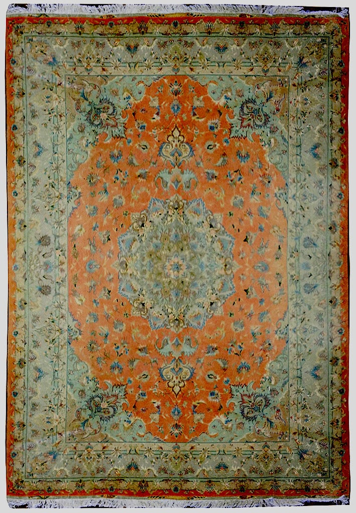 8 x 12 Authentic Persian Tabriz Rug Peach Wool Silk 400 KPSI: 8 x 12 Authentic Persian Tabriz Rug Peach Wool Silk 400 KPSI Free continental US Shipping Discover the exquisite beauty of this 8 x 12 Finer Quality 400 KPSI Peach Wool and Silk Authentic Persian Tabr