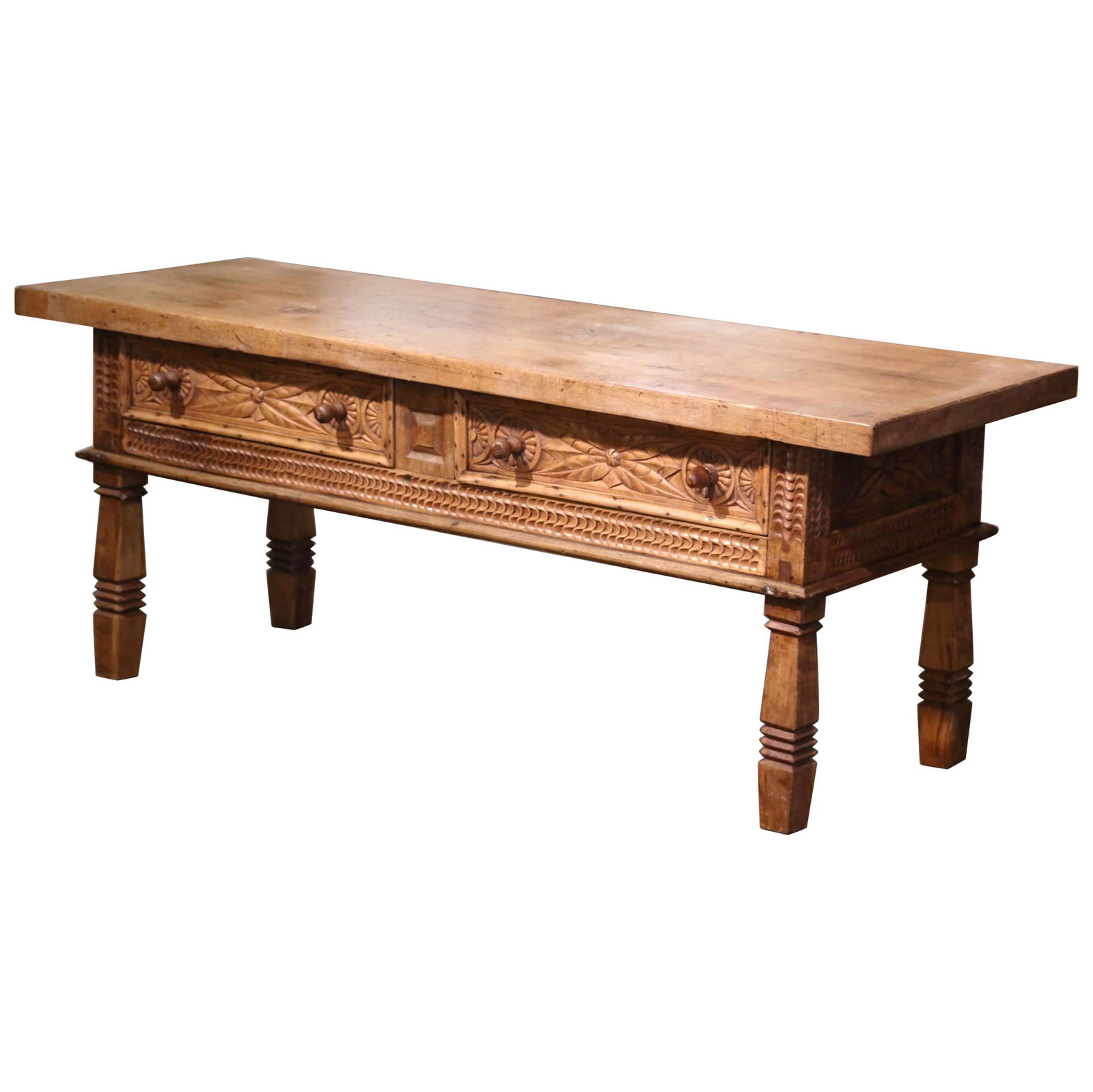 19th Century Spanish Louis XIII Bleached Walnut Cocktail Table with Drawers: 19th Century Spanish Louis XIII Bleached Walnut Cocktail Table with Drawers This exquisite 19th Century Spanish coffee table beautifully showcases the craftsmanship of the Louis XIII style. Measuring