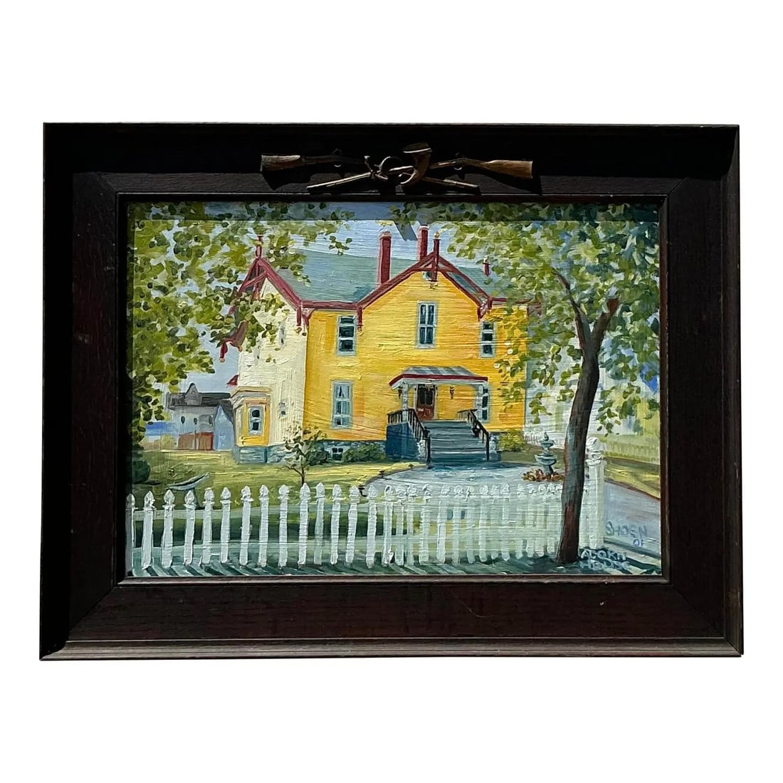 Vintage Boho Landscape Oil Painting with Yellow Farmhouse: Vintage Boho Landscape Oil Painting with Yellow Farmhouse Capture the charm of a bygone era with this vintage boho primitive landscape oil painting on board. This richly detailed artwork features a ch