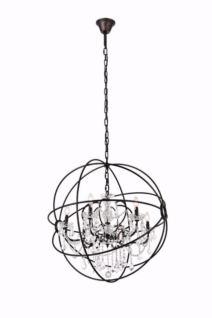 Geneva 6-Light Dark Bronze Chandelier 34.5in Modern Orb Design: Geneva 6-Light Dark Bronze Chandelier 34.5in Modern Orb Design Illuminate your space with this stunning 6-Light Crystal Chandelier, designed to enhance the elegance of any room. Featuring a modern orb