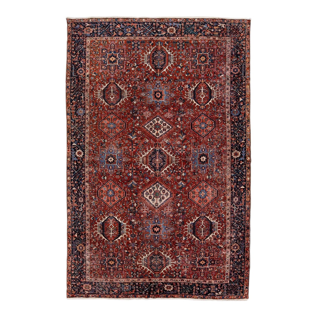Antique Heriz Serapi 7'7 x 11'3 Handmade Wool Rug Red Geometric Design: Antique Heriz Serapi 7'7 x 11'3 Handmade Wool Rug Red Geometric Design This stunning antique Heriz Serapi hand-knotted wool rug features a vibrant red field adorned with a navy-blue designed frame and
