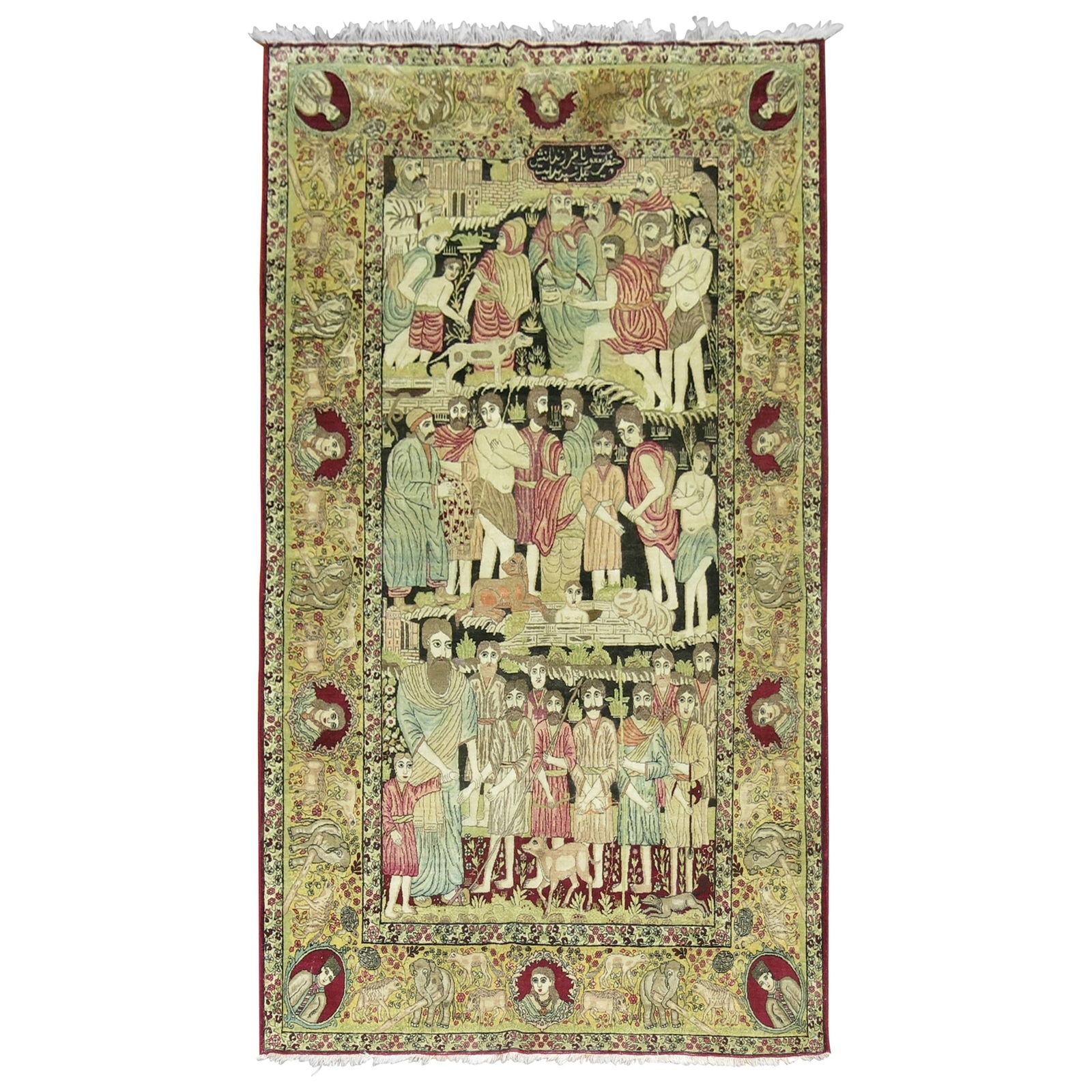 Late 19th Century Judaical Persian Kerman Rug Story of Joseph Wool Hand-Woven 56 x 93: Late 19th Century Judaical Persian Kerman Rug Story of Joseph Wool Hand-Woven 56 x 93 This exquisite Judaical Persian Kerman rug features a captivating depiction of the biblical story of Joseph,