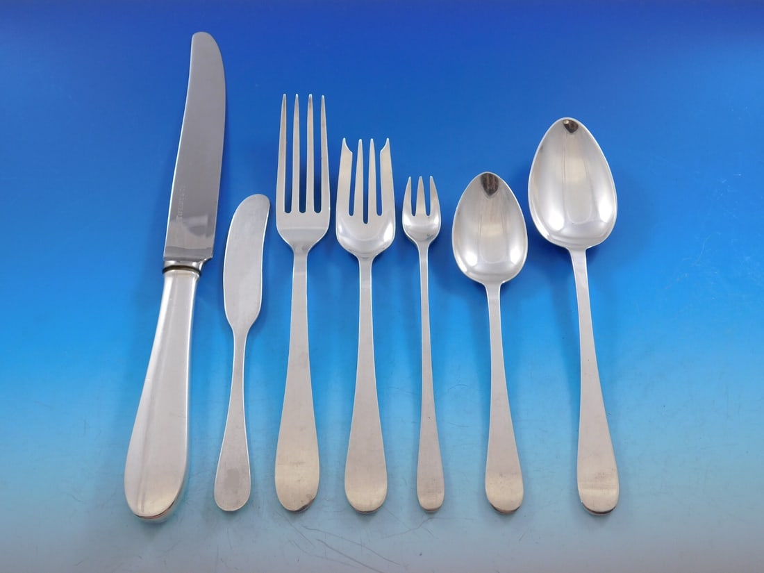 Tiffany & Co Salem Sterling Silver Flatware Set for 12 - 87 Pieces: Tiffany & Co Salem Sterling Silver Flatware Set for 12 - 87 Pieces Elevate your dining experience with the exquisite Salem by Tiffany & Co. Sterling Silver Flatware Set, designed for 12 people. This 8