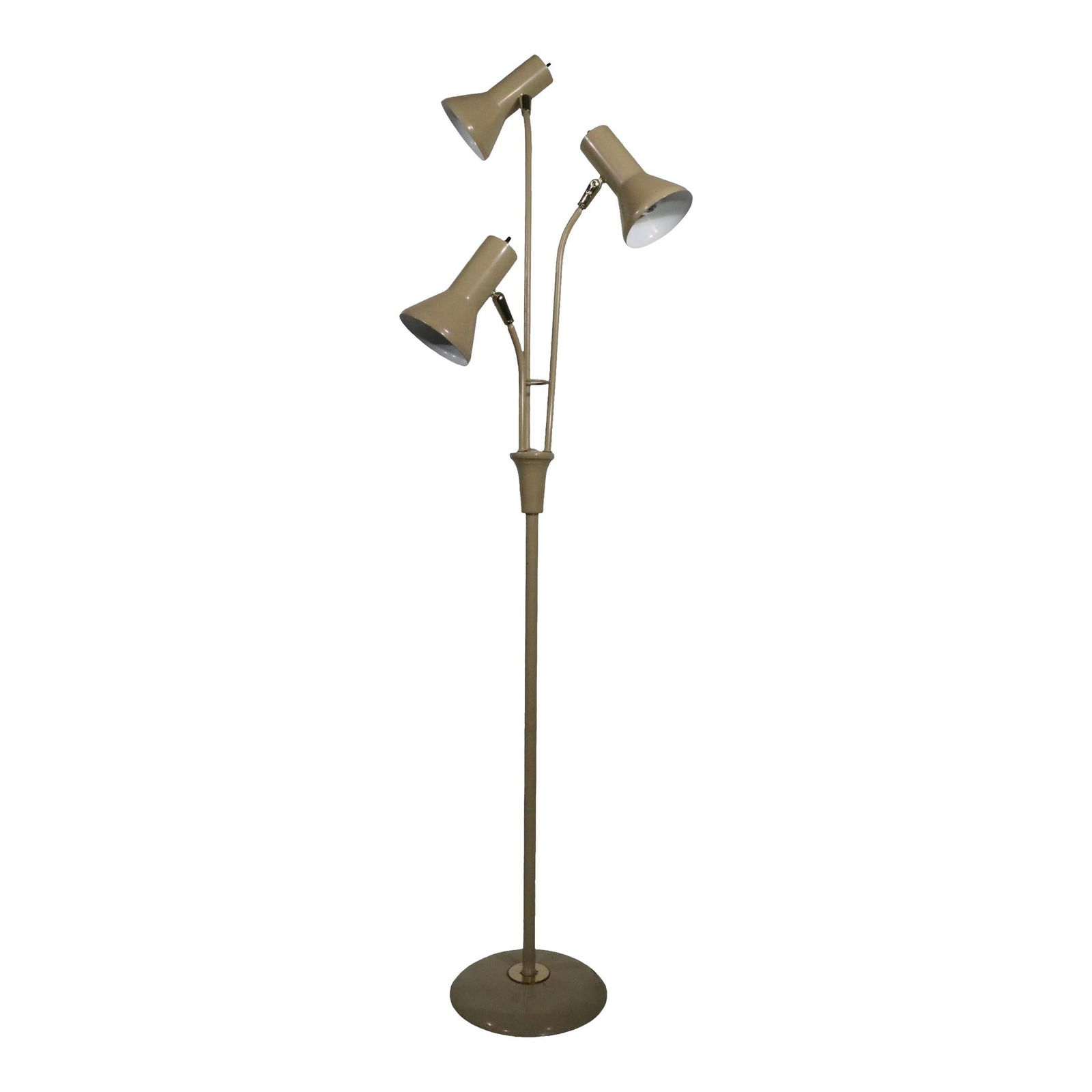 Mid Century Tri Arm Floor Lamp Gerald Thurston Design C 1950s Beige Brass Steel: Mid Century Tri Arm Floor Lamp Gerald Thurston Design C 1950s Beige Brass Steel This classic Mid Century three-arm floor lamp is a stunning example of design attributed to Gerald Thurston, dating back