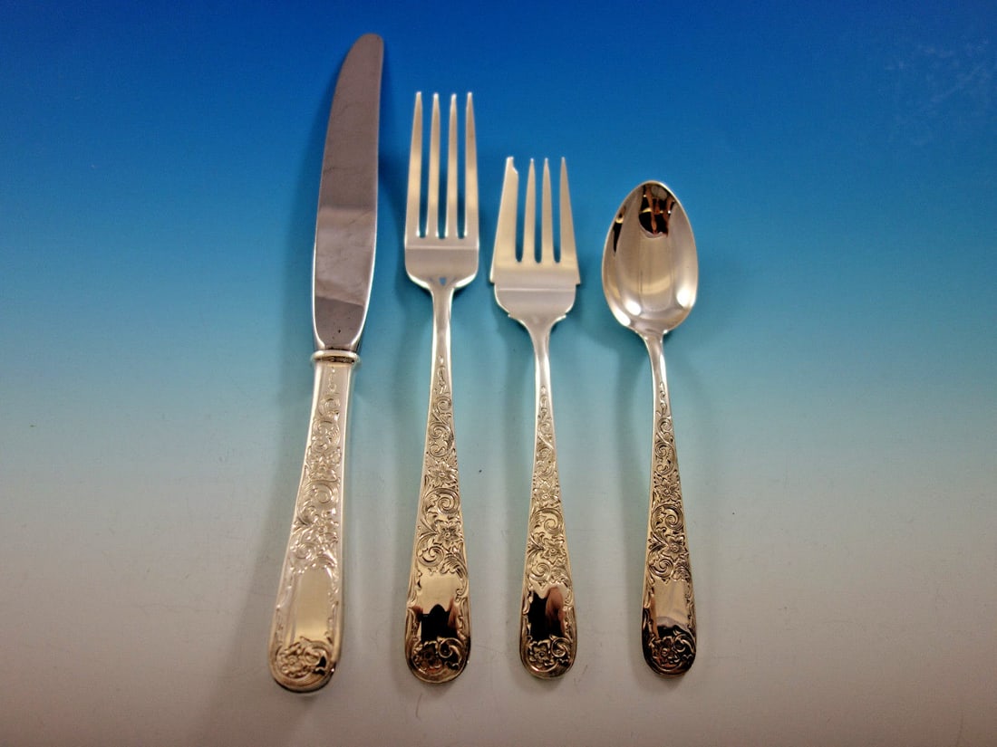 Kirk Old Maryland Engraved Sterling Silver Flatware Set for 8 - 32 pcs with Storage Chest: Kirk Old Maryland Engraved Sterling Silver Flatware Set for 8 - 32 pcs with Storage Chest This elegant Old Maryland Engraved Flatware Set by Kirk is crafted from high-quality sterling silver, showcasi