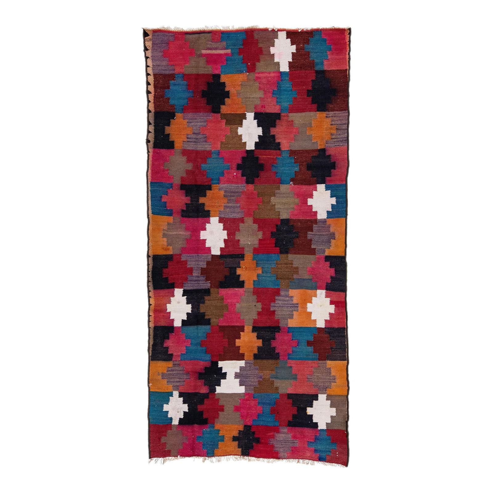 Vintage Turkish Kilim Wool Rug Multicolor Tribal Design 4'1" x 8'9": Vintage Turkish Kilim Wool Rug Multicolor Tribal Design 4'1" x 8'9" Discover the charm of this vintage Turkish Kilim rug, hand-knotted from high-quality wool. Featuring a striking red field adorned wi