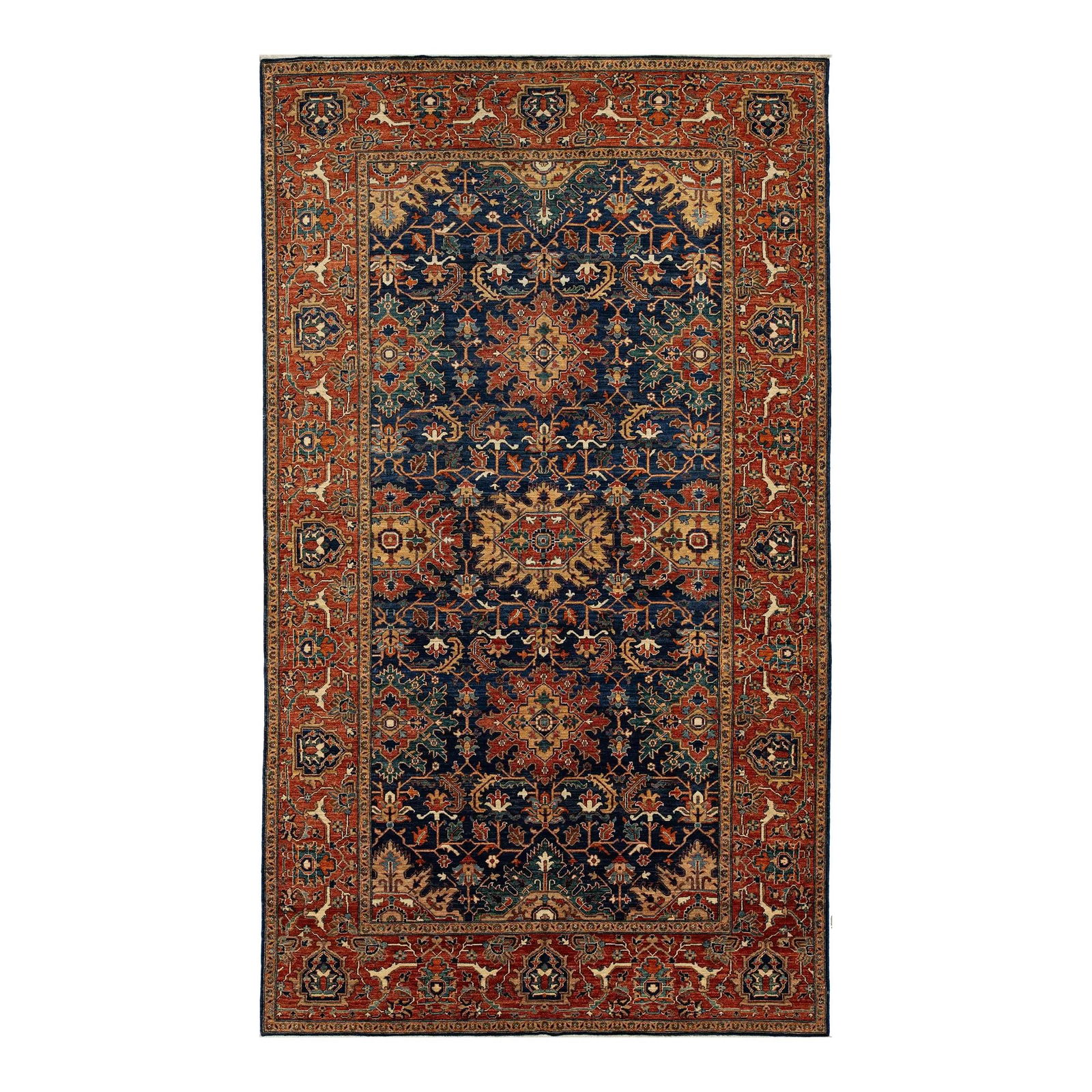 Navy Blue Serapi-Style Wool Rug with Floral Design 8'2 x 13'10: Navy Blue Serapi-Style Wool Rug with Floral Design 8'2 x 13'10 This elegant wool rug features a timeless navy blue background beautifully complemented by a contemporary Serapi-style design. It showcas