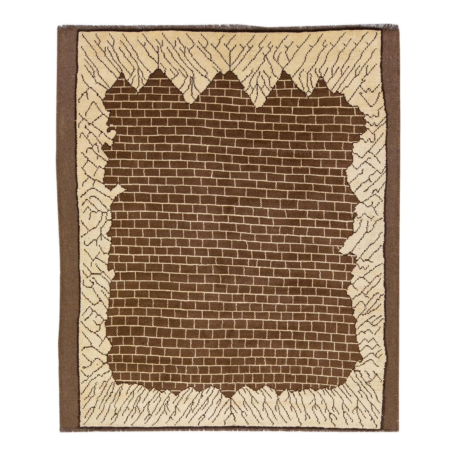 Transitional Art Deco Handmade Brown Wool Rug 7'3" x 8'5": Transitional Art Deco Handmade Brown Wool Rug 7'3" x 8'5" Enhance your space with this stunning handmade wool rug, showcasing a modern Art Deco style. Part of the Northwest collection, it features a r