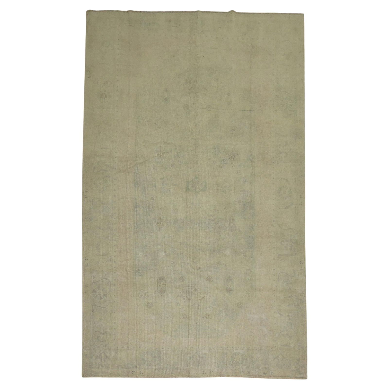 Vintage Pale Green Turkish Oushak Rug 72 x 112 Industrial Style: Vintage Pale Green Turkish Oushak Rug 72 x 112 Industrial Style Add a touch of elegance to your space with this vintage Turkish Oushak rug, featuring a beautiful pale green and cream color palette. Ha