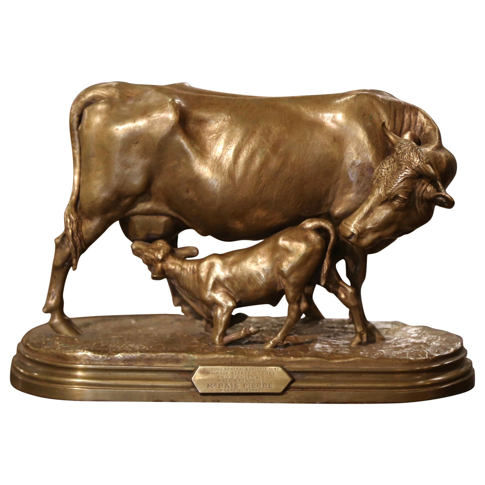 19th Century Isidore Bonheur Gilt Bronze Cow and Calf Sculpture: 19th Century Isidore Bonheur Gilt Bronze Cow and Calf Sculpture This exquisite 19th Century French gilt bronze sculpture features a standing cow tenderly looking at its calf suckling milk, masterfully