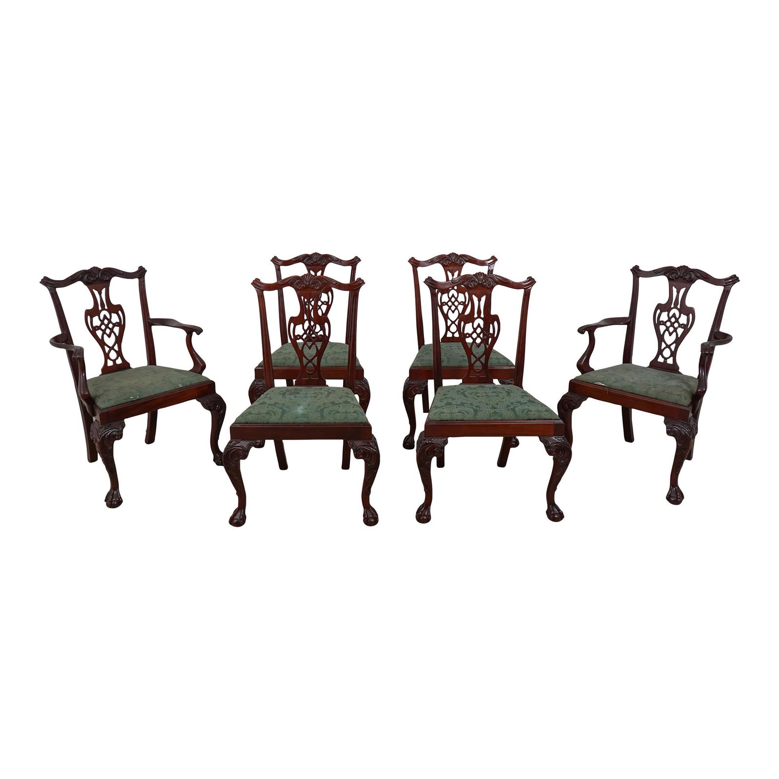 Set of 6 Mahogany Dining Chairs in Chippendale Style: Set of 6 Mahogany Dining Chairs in Chippendale Style This elegant set of six dining room chairs, attributed to Ethan Allen, showcases beautiful carved details reminiscent of 18th-century Chippendale d