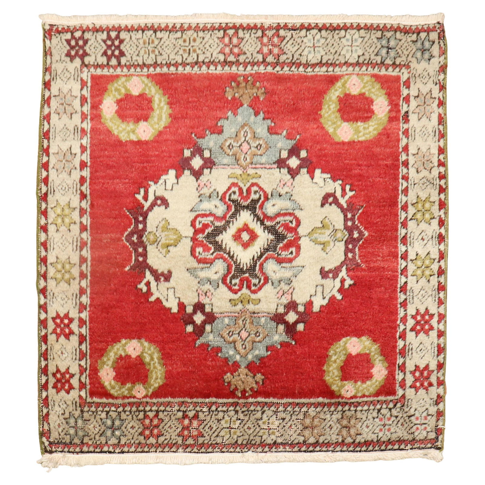 Antique Turkish Agra Style Hand-Knotted Wool Rug 28x28: Antique Turkish Agra Style Hand-Knotted Wool Rug 28x28 This exquisite Mini Square Antique Turkish Rug showcases a captivating Agra style, characterized by its intricate patterns and vibrant red hues.