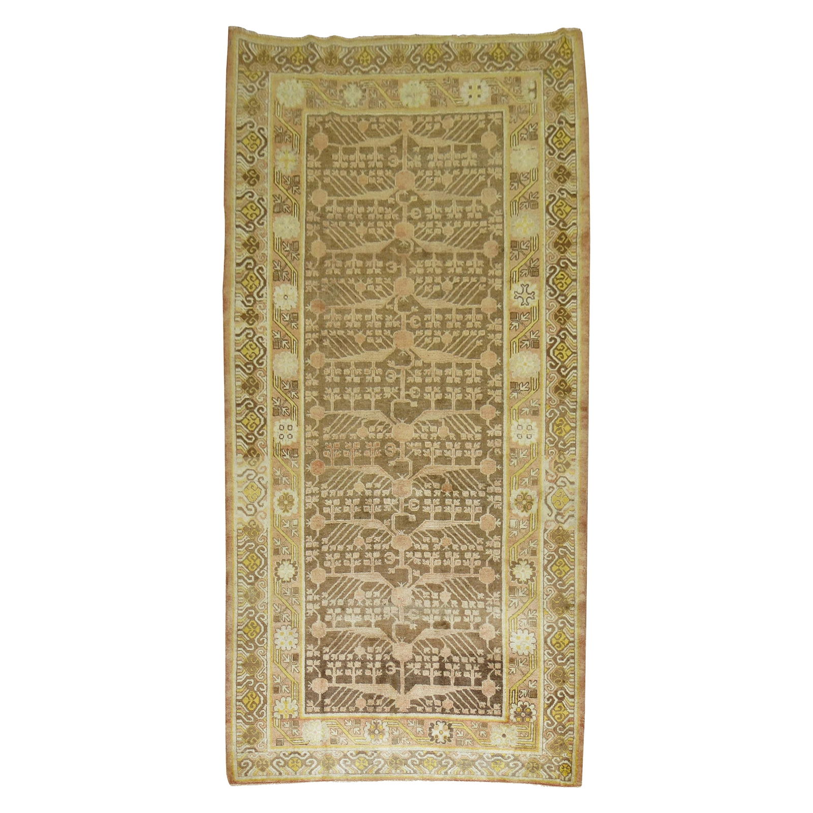 Antique Khotan Rug with Pomegranate Design 5'7 x 11 Wool Chinoiserie: Antique Khotan Rug with Pomegranate Design 5'7 x 11 Wool Chinoiserie Discover the exquisite beauty of this authentic early 20th century Khotan rug, featuring a captivating repetitive pomegranate motif