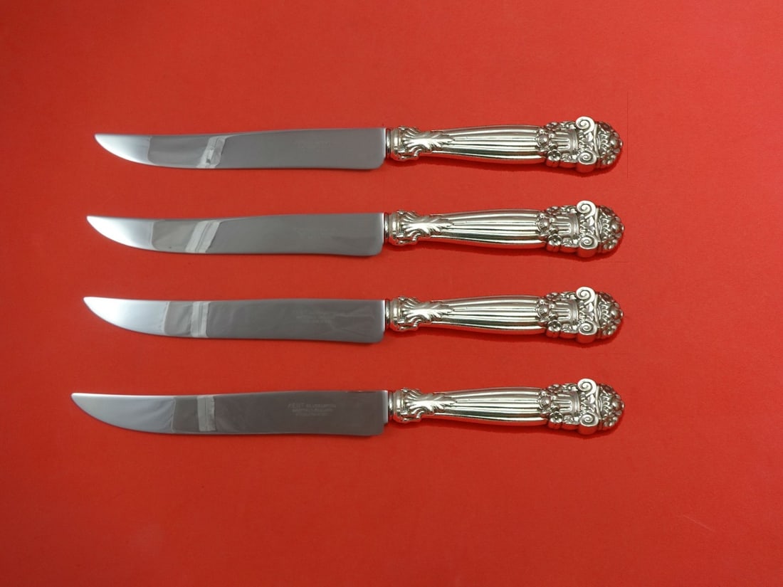 Towle Georgian Sterling Silver Steak Knife Set 4pc Texas Sized 10": Towle Georgian Sterling Silver Steak Knife Set 4pc Texas Sized 10" Enhance your dining experience with this exquisite 4-piece steak knife set from Towle, featuring the elegant Georgian pattern. Each k