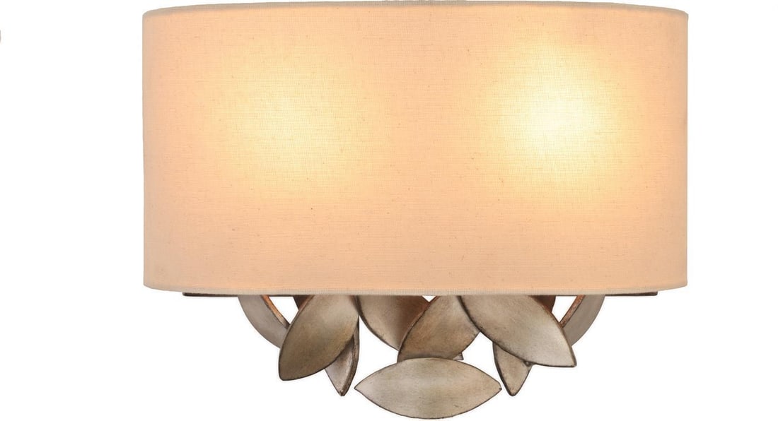 Kalco Eden Moon Silver Linen 2-Light Wall Sconce: Kalco Eden Moon Silver Linen 2-Light Wall Sconce Illuminate your space with the Elegant Moon Silver Linen Wall Sconce, a beautiful addition to any room. Crafted from hand-forged wrought iron and finis