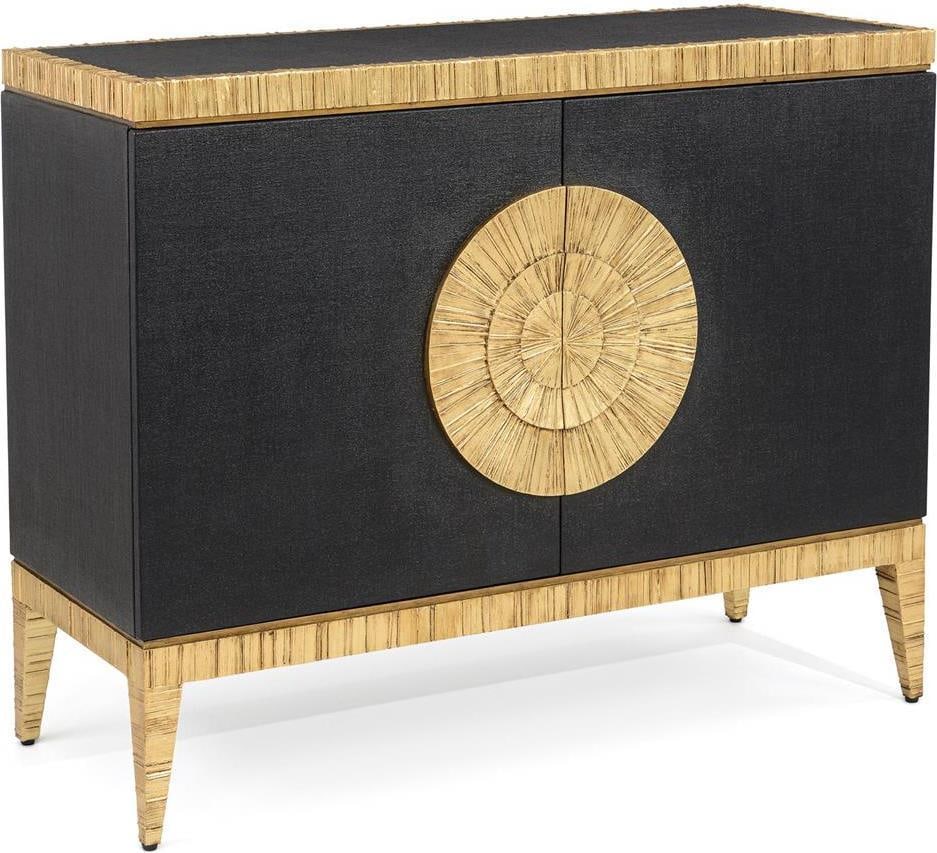 John-Richard Temujin Black Linen Chest Hollywood Regency Gold Finish: John-Richard Temujin Black Linen Chest Hollywood Regency Gold Finish This elegant chest features a striking black linen finish complemented by luxurious gold accents, making it a perfect addition to a