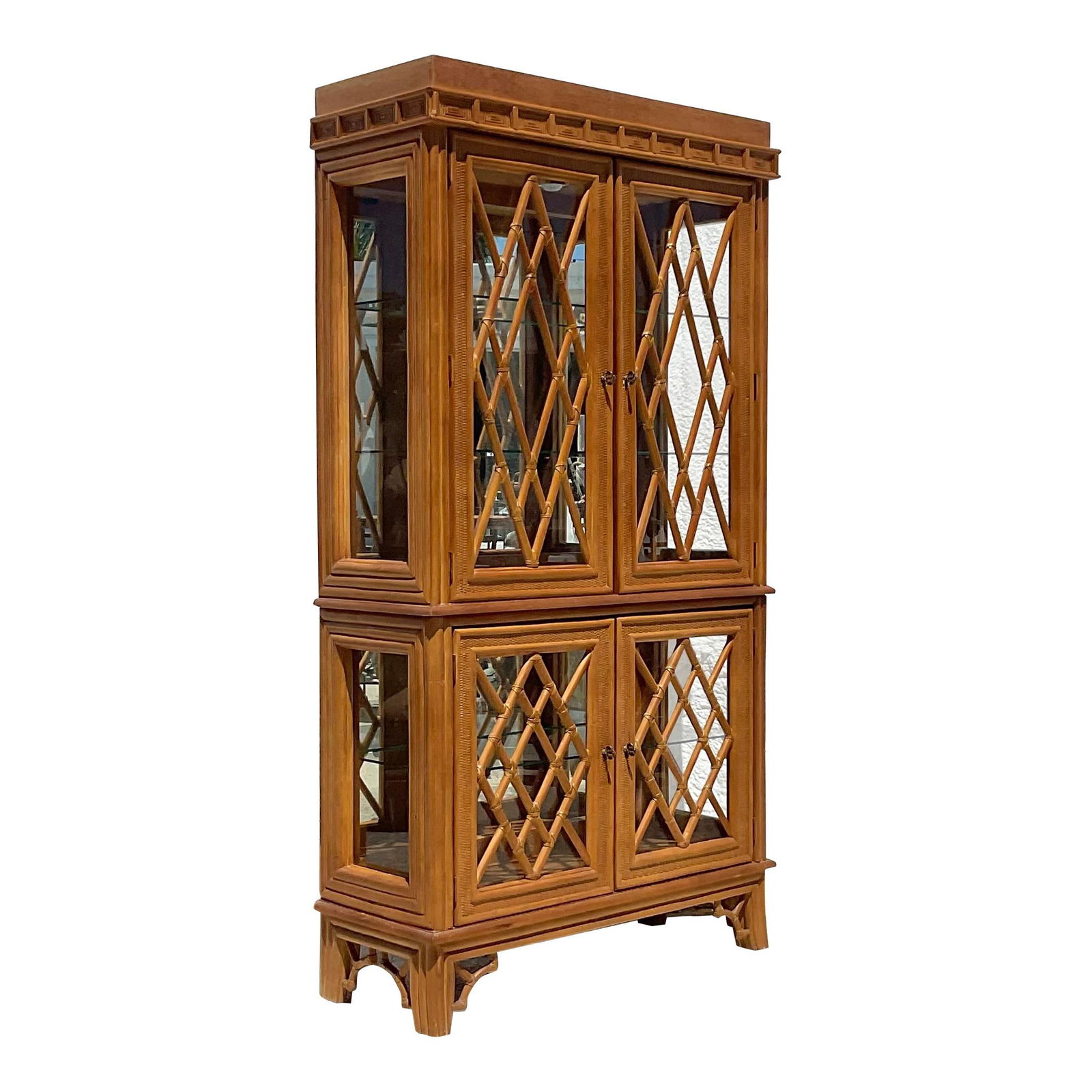 Vintage Coastal Chinese Chippendale Display Cabinet with Glass Shelves: Vintage Coastal Chinese Chippendale Display Cabinet with Glass Shelves This stunning late 20th-century vintage Coastal display cabinet showcases a chic Chinese Chippendale design, featuring elegant mu
