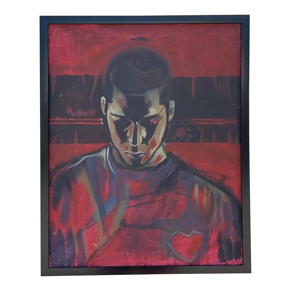 Expressive Boho Oil Portrait on Canvas Framed Vintage Art Piece: Expressive Boho Oil Portrait on Canvas Framed Vintage Art Piece This vintage boho oil portrait painting on canvas features expressive brushwork and a vivid color palette of red, black, and muted tones