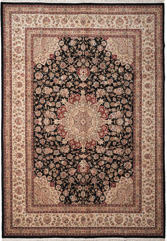 8.6 x 11.6 Handmade Tabriz Rug Fine Wool Silk Black Floral Medallion: 8.6 x 11.6 Handmade Tabriz Rug Fine Wool Silk Black Floral Medallion Free continental US Shipping This finely handmade Tabriz area rug features a striking black field with a detailed cream medallion,