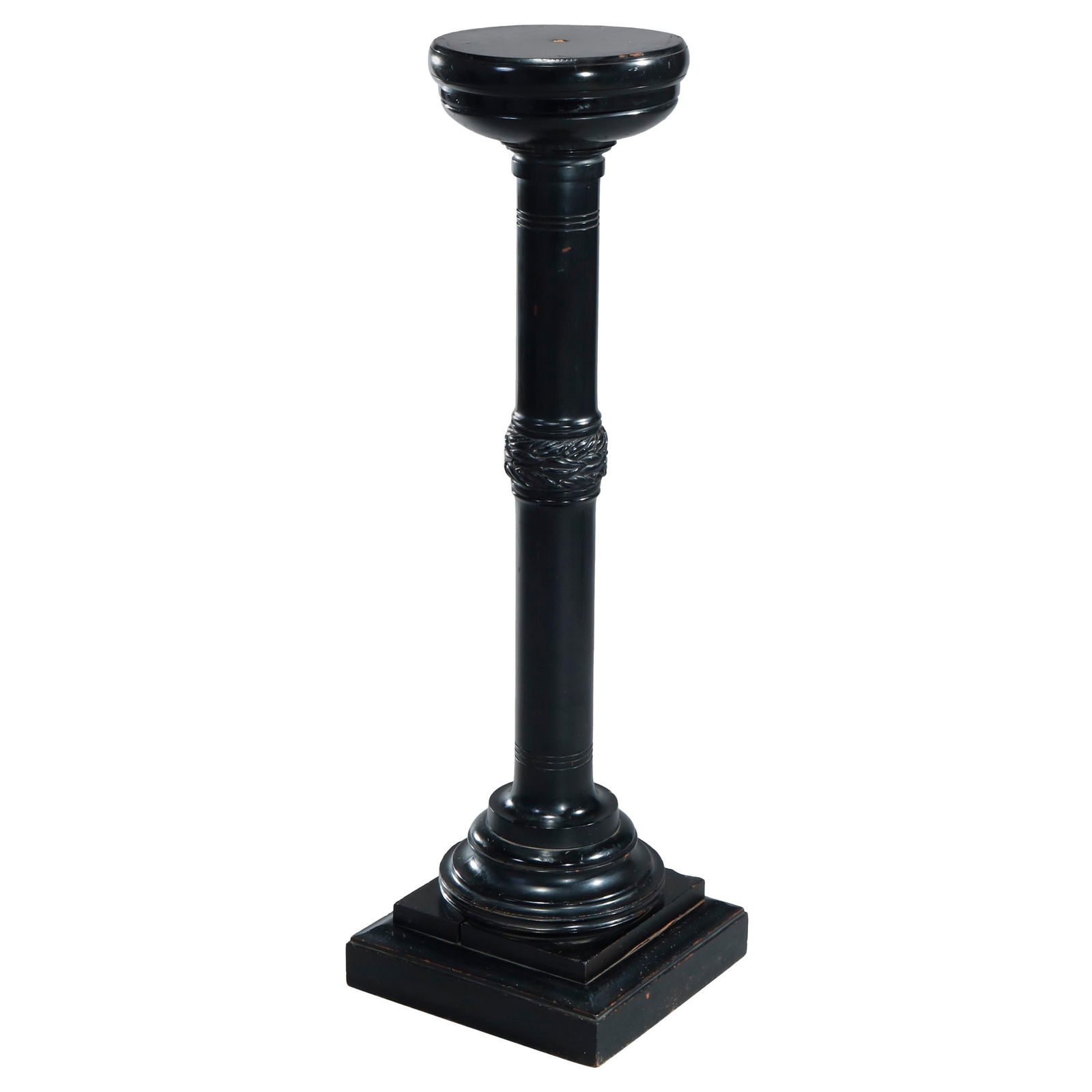 Antique Aesthetic Movement Ebonized Wood Sculpture Pedestal C1870: Antique Aesthetic Movement Ebonized Wood Sculpture Pedestal C1870 This exquisite antique sculpture display pedestal, crafted during the Aesthetic Movement around 1870, showcases a striking ebonized wo