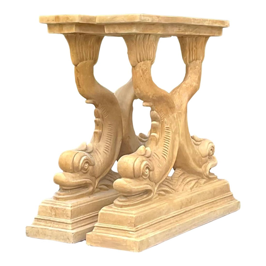 Pair of Vintage Coastal Dolphin Plaster Pedestals in Goldenrod: Pair of Vintage Coastal Dolphin Plaster Pedestals in Goldenrod Elevate your home decor with this exquisite pair of late 20th century vintage plaster dolphin pedestals. Finished in a warm goldenrod hue