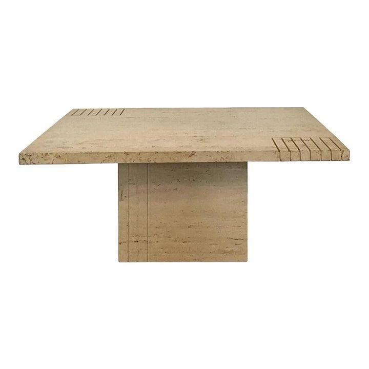 Vintage Italian Postmodern Scored Travertine Side Table 32x32 (1 of 10)