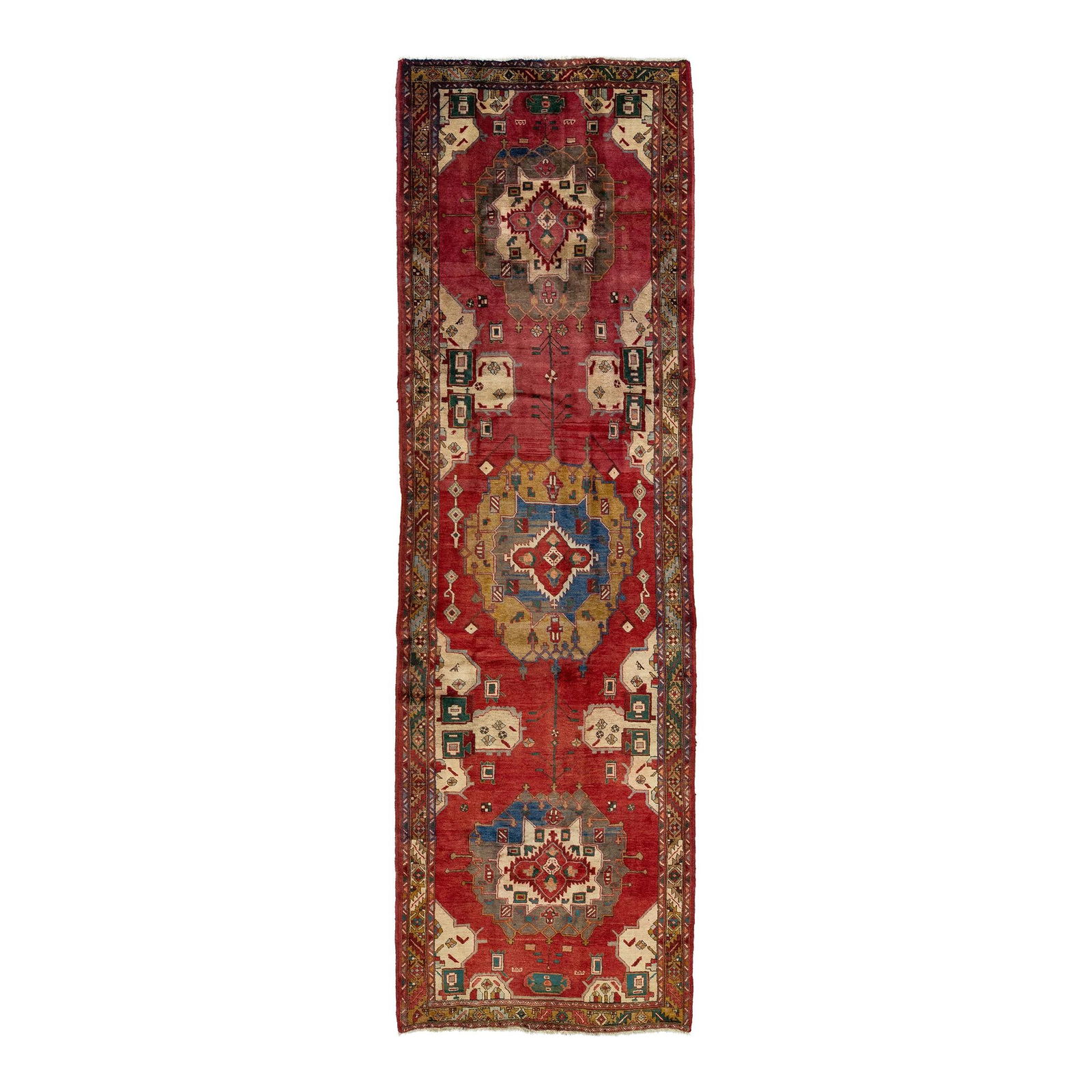 Stunning Vintage Persian Heriz Red Wool Runner 4'7 x 15'3: Stunning Vintage Persian Heriz Red Wool Runner 4'7 x 15'3 Experience the elegance of this vintage Persian Heriz runner, meticulously hand-knotted from high-quality wool. Featuring a striking red field