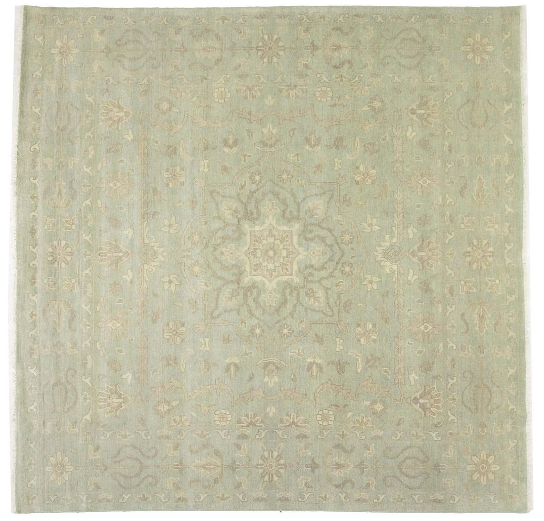 Handmade Floral Oriental Rug 8x8 ft in Muted Aqua Green: Handmade Floral Oriental Rug 8x8 ft in Muted Aqua Green Enhance your living space with this stunning handmade floral transitional square oriental rug, measuring 7'11" x 7'11". Crafted from high-qualit