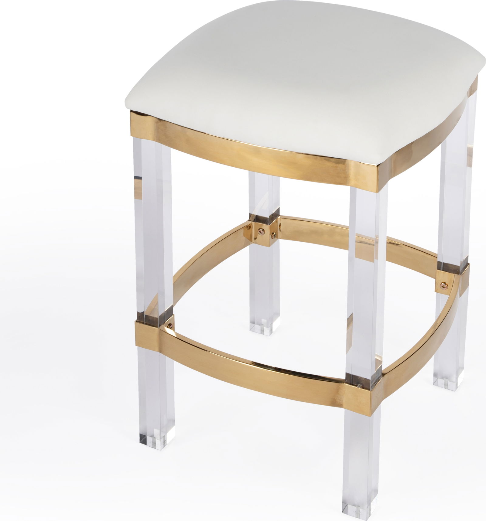 Butler Polished Gold Acrylic Leather Counter Stool Square Design: Butler Polished Gold Acrylic Leather Counter Stool Square Design Elevate your space with this Glamorous Acrylic & Leather Counter Stool, designed for both style and comfort. Featuring a polished gold
