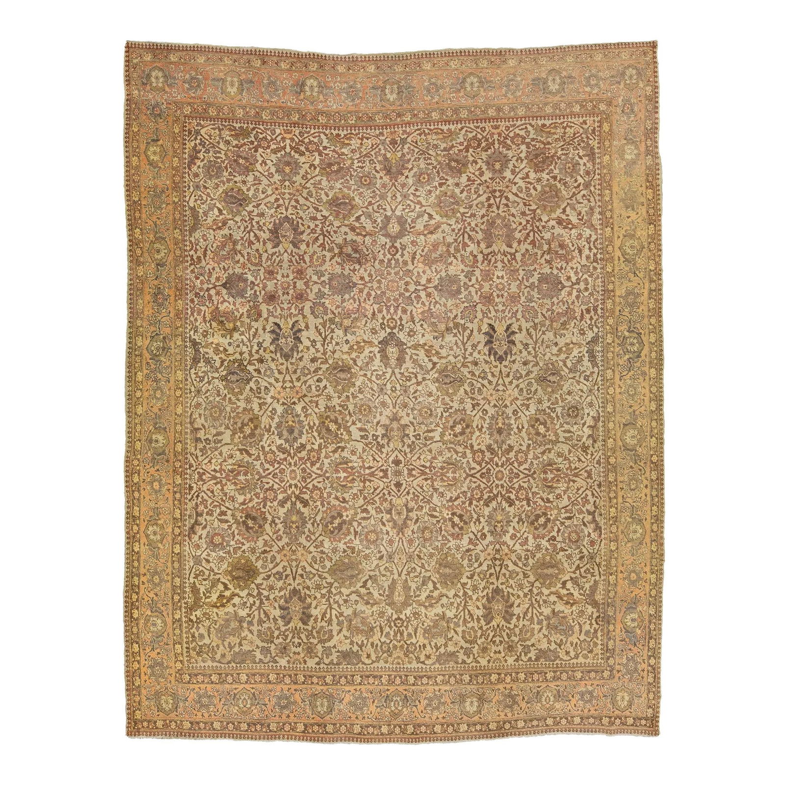 Antique Beige Persian Tabriz Wool Rug 9'7 x 12'2 Floral Design: Antique Beige Persian Tabriz Wool Rug 9'7 x 12'2 Floral Design Experience the elegance of this handcrafted Persian Tabriz wool rug, showcasing a timeless all-over floral design. The exquisite beige ba