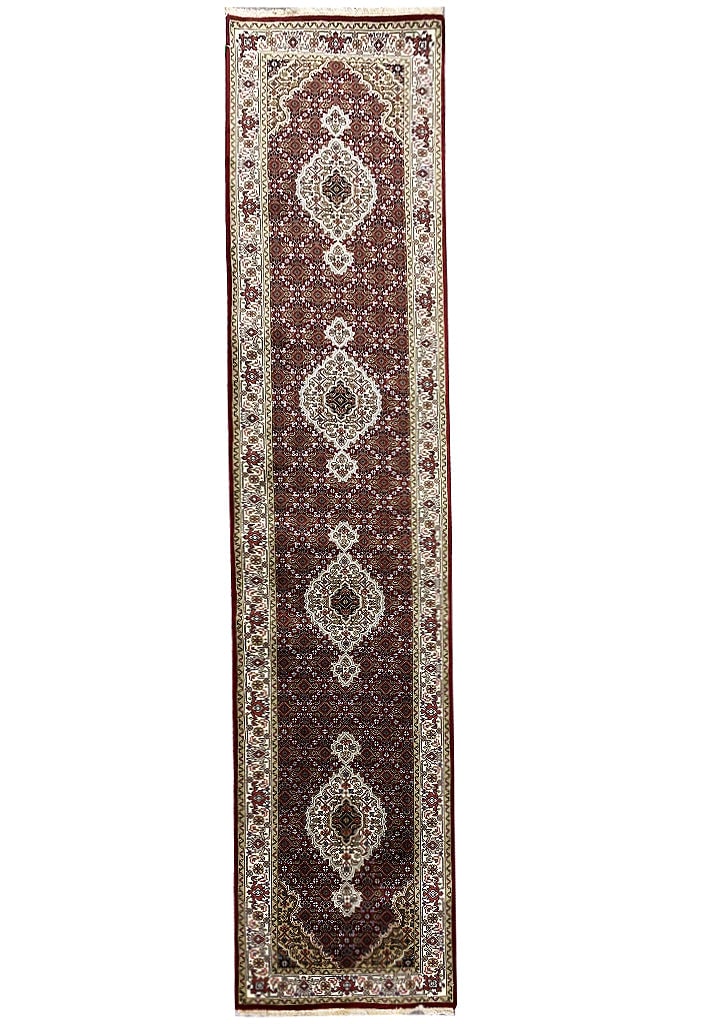 Handmade Tabriz Mahi Runner Rug 2.7 x 12 Feet Wool and Silk: Handmade Tabriz Mahi Runner Rug 2.7 x 12 Feet Wool and Silk Free continental US Shipping This handmade Tabriz Mahi runner rug features a refined Persian design, expertly hand-knotted by artisans in Ta