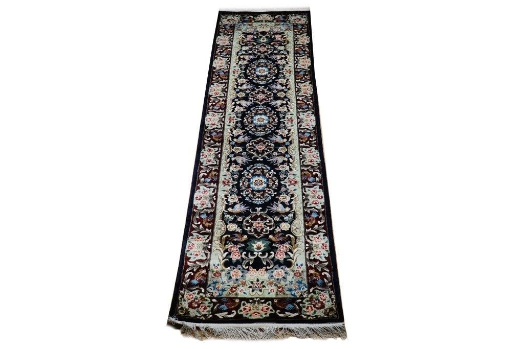 Elegant 2'7" x 10' Handmade Bamboo Silk Aubusson Runner in Black and Deep Red: Elegant 2'7" x 10' Handmade Bamboo Silk Aubusson Runner in Black and Deep Red Free continental US Shipping Elevate your home decor with this exquisite 2.7' x 10' Silk Aubusson Runner, skillfully handm