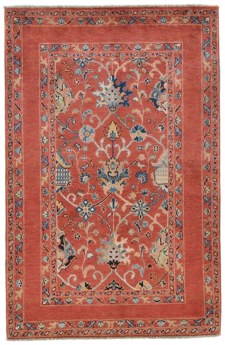 Orange Kazak Peshawar Hand-Knotted Wool Rug 4X6 Tribal Floral: Orange Kazak Peshawar Hand-Knotted Wool Rug 4X6 Tribal Floral Enhance your living space with this striking Orange Kazak Peshawar Rug. Measuring 3'11" x 6'0", this hand-knotted area rug features a vibr
